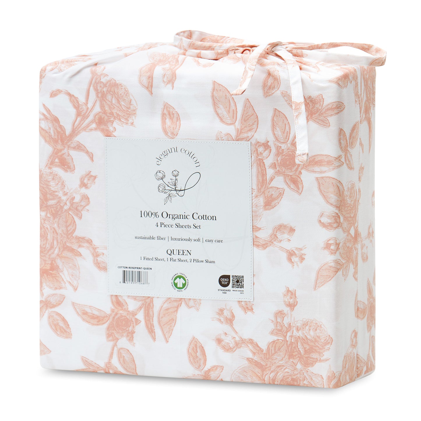 100% Organic Cotton Pink Rose Print Leaves Print Sheet Set