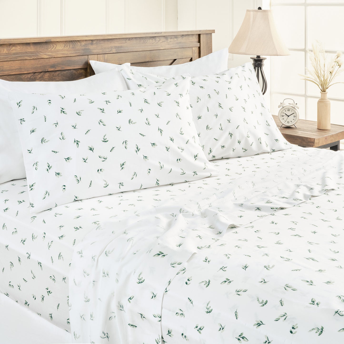 100% Organic Cotton Green Botanical Leaves Print Sheet Set