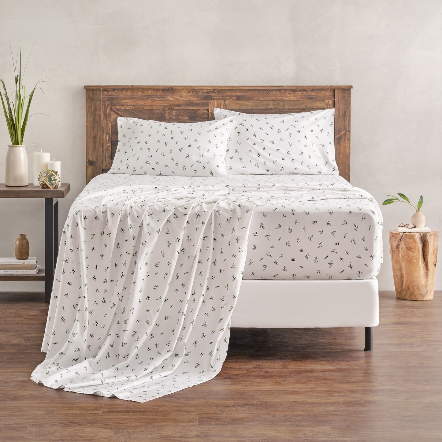 100% Organic Cotton Green Botanical Leaves Print Sheet Set