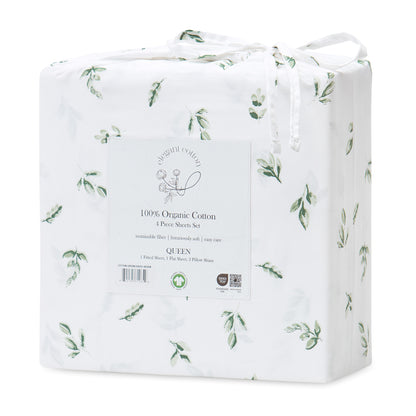 100% Organic Cotton Green Botanical Leaves Print Sheet Set