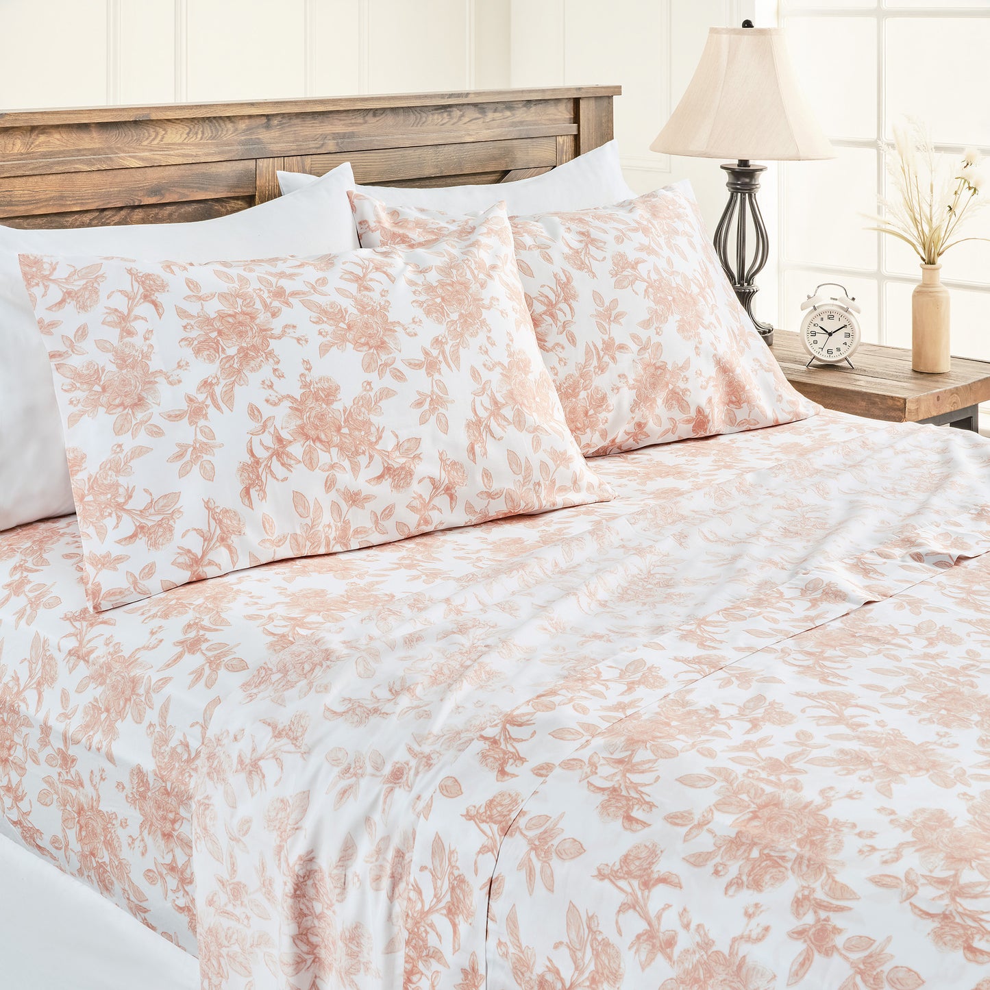 100% Organic Cotton Pink Rose Print Leaves Print Sheet Set